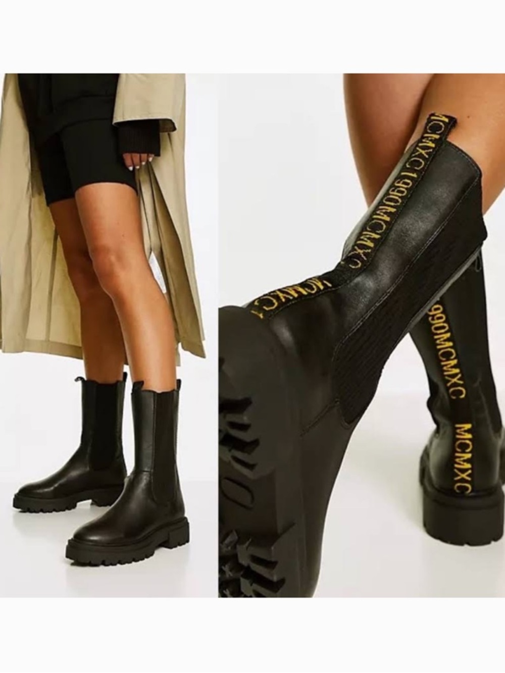 Steve Madden Black Atkin Chelsea Lug Boot Leather Platforms Yellow Detail Size 8